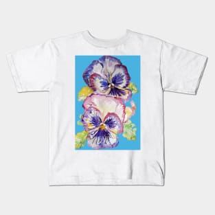 Pansy Watercolor Purple Flower Pattern on Light Blue Kids T-Shirt